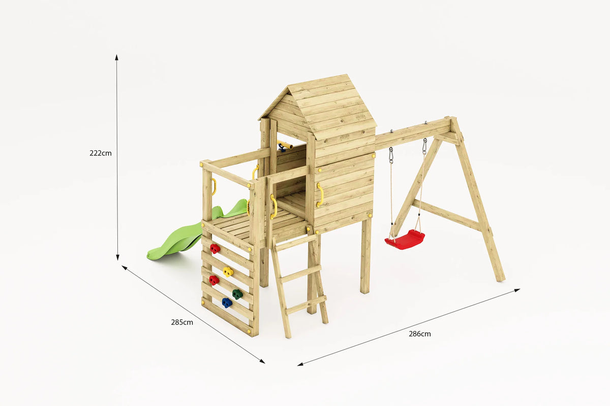 Maßdarstellung des Fungoo Luomi Spielturms.