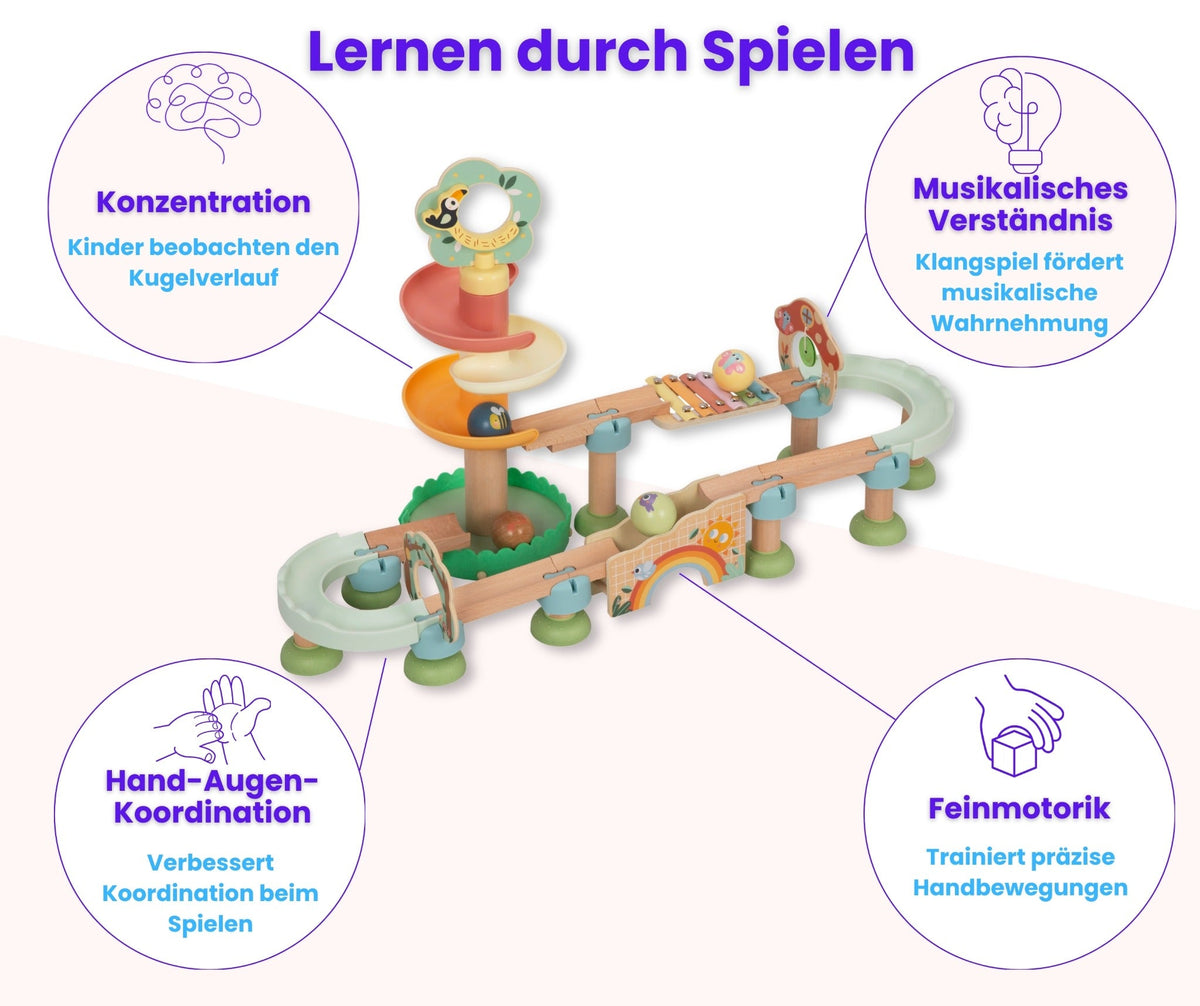 Spielerische Lernimpulse der Construct4Kids Klang-Kugelbahn für Konzentration, Hand-Augen-Koordination und Feinmotorik
