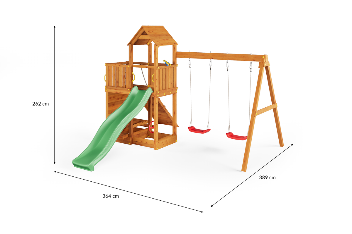 Fungoo Floppi Spielturm mit Doppelschaukel und grüner Rutsche – Teak – Maße