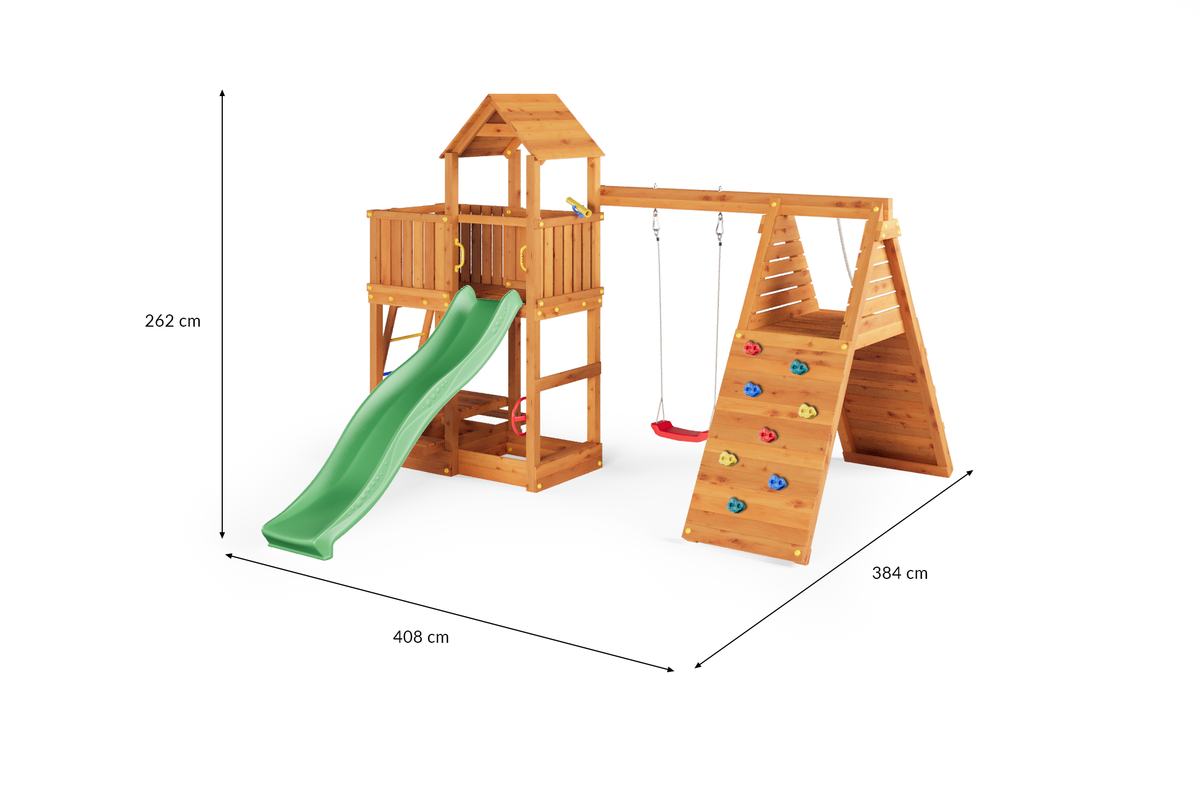 Fungoo Fluppi Spielturm mit Einzelschaukel, Rutsche und Klettermodul – Teak – Maße