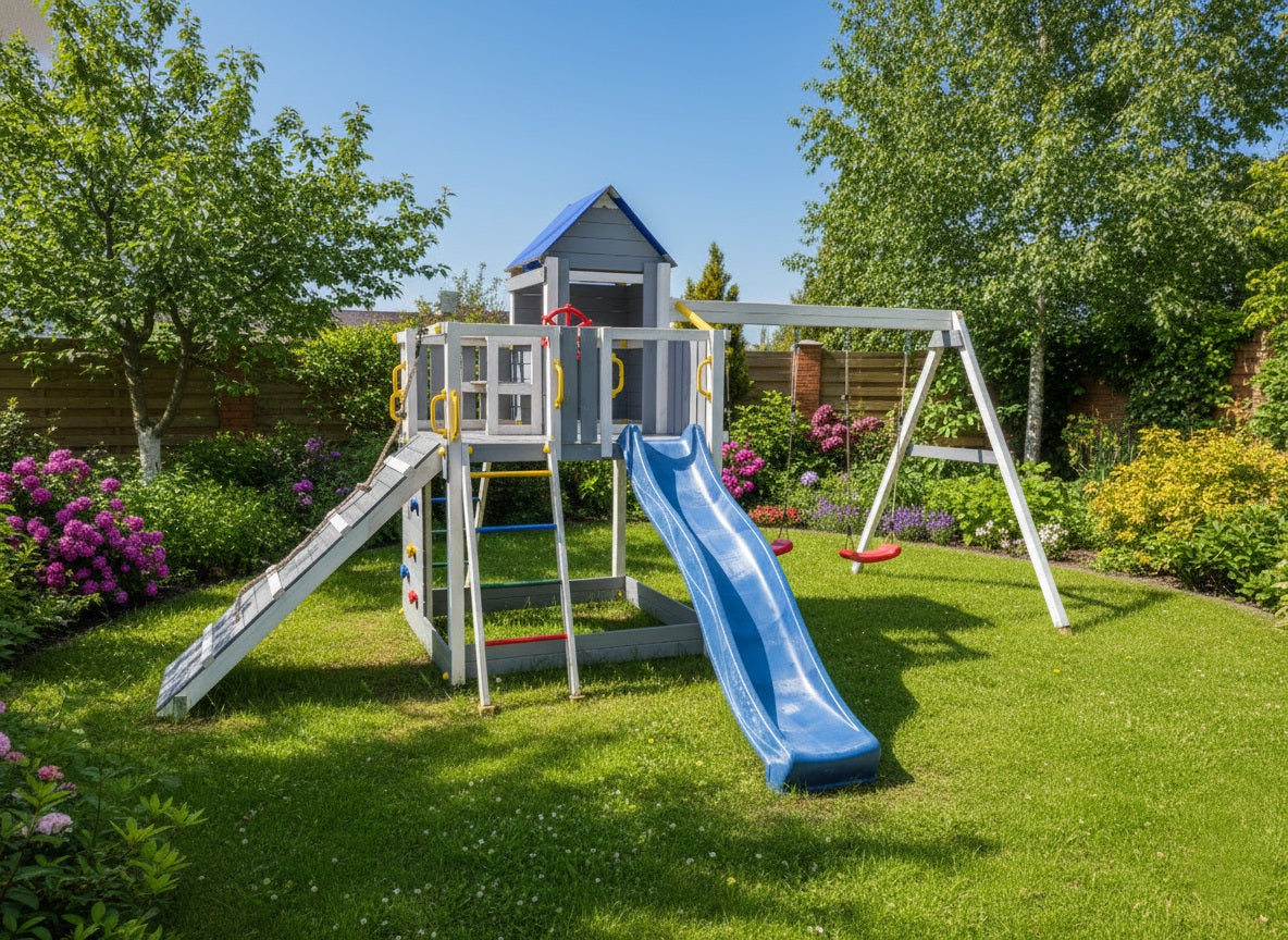 Fungoo Treehouse 3 Spielturm mit Spielhaus, Doppelschaukel und blauer Rutsche – Grau-Weiß – Maße