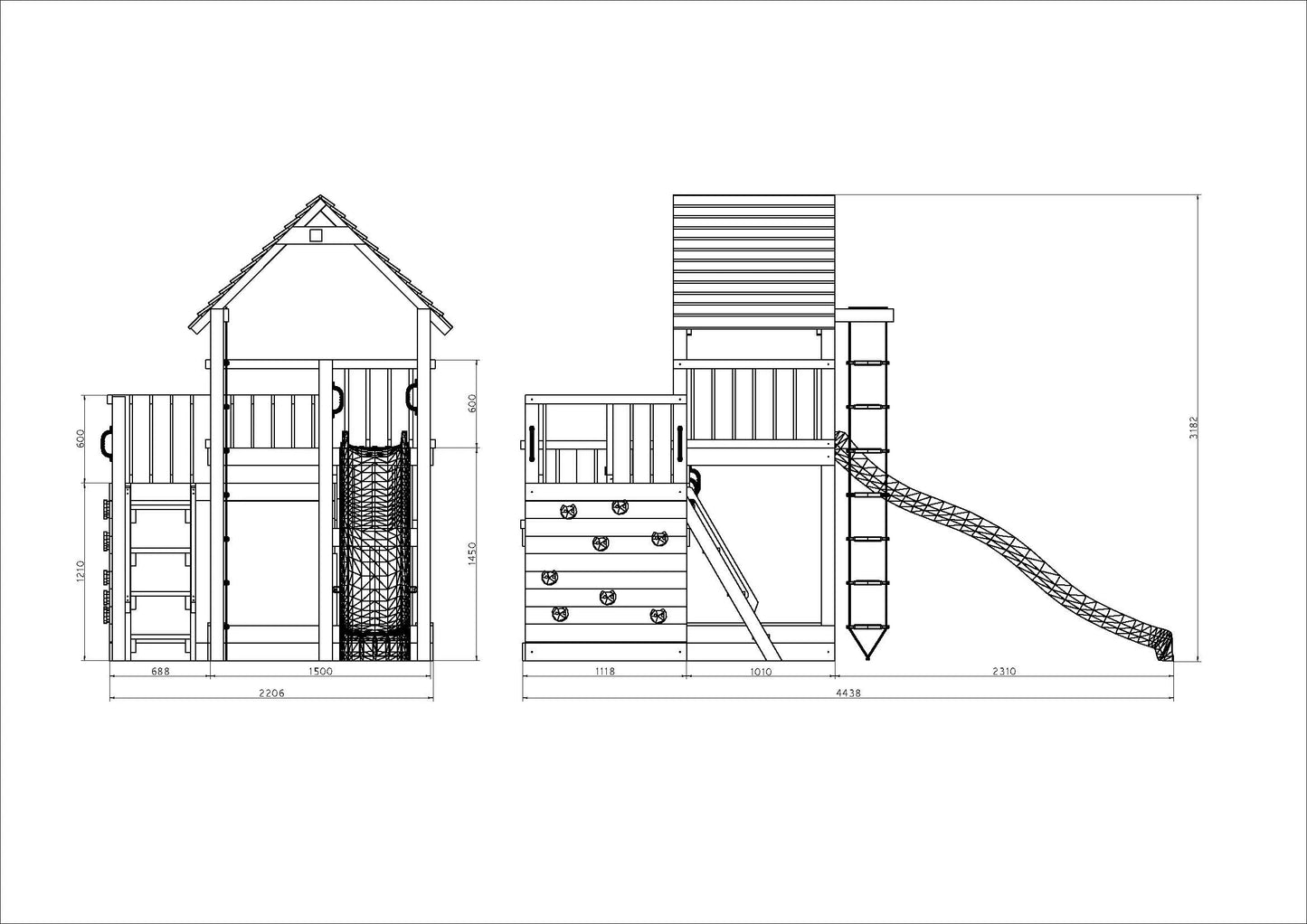 Fungoo Spielturm Big Leader mit Rusche, Holzdach, Kletterwand, Leiter, Strickleiter, Sandkasten uvm.