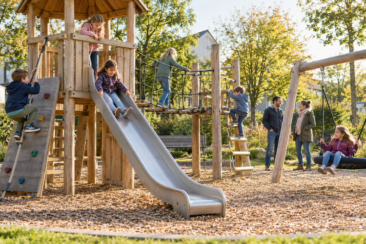 Kinder spielen auf einem öffentlichen Spielplatz, während sich Eltern unterhalten