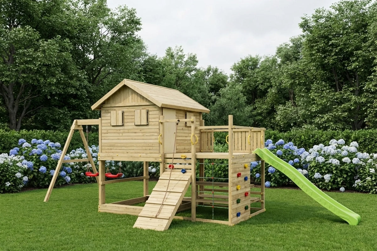 Weitere Gartenansicht des Fungoo Aloha Spielturms mit Spielhaus und Rutsche.