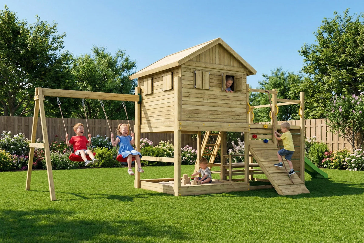 Fungoo Aloha Spielturm mit Schaukel und Rutsche im Garten.