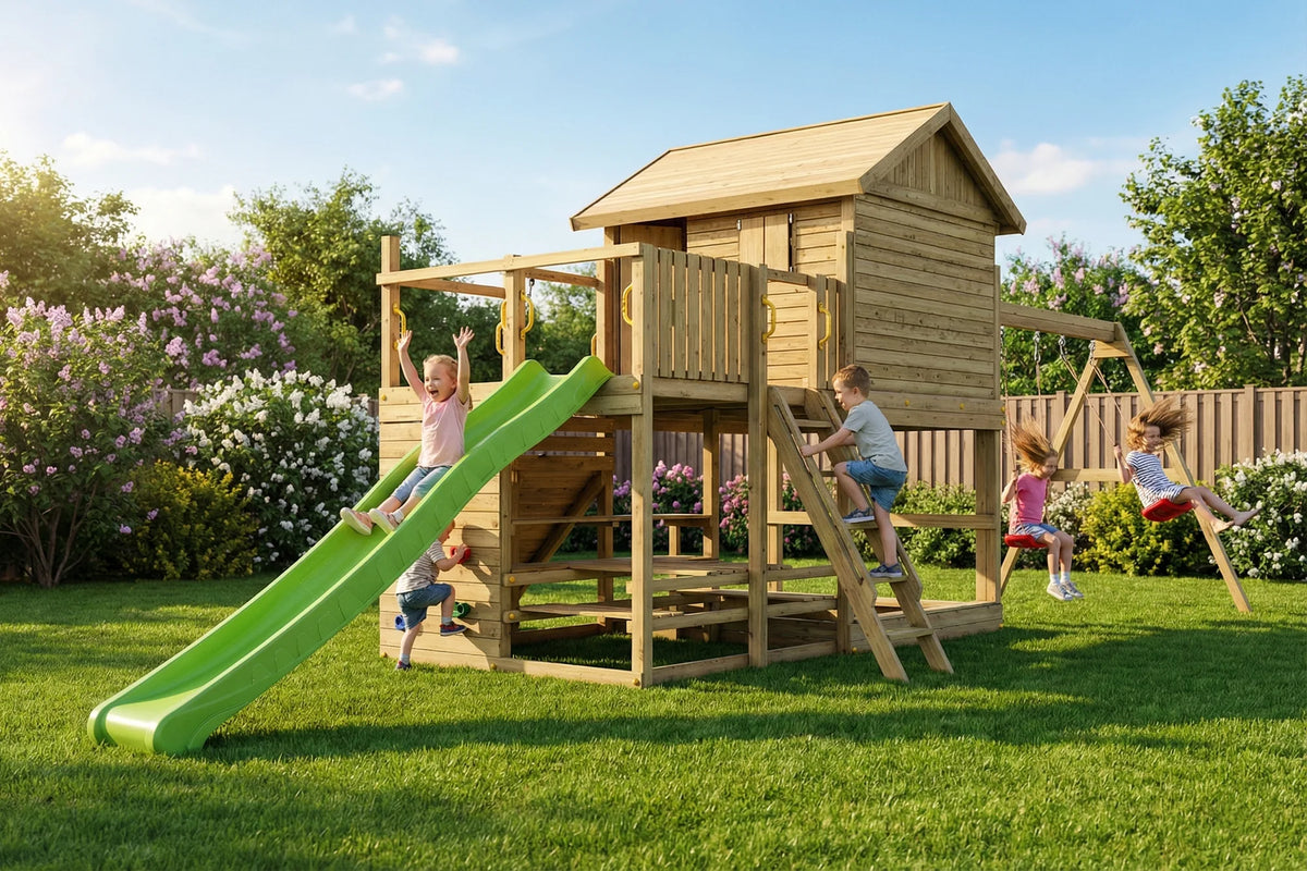 Seitliche Gartenansicht des Fungoo Aloha Spielturms.