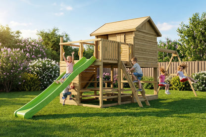 Seitliche Gartenansicht des Fungoo Aloha Spielturms.