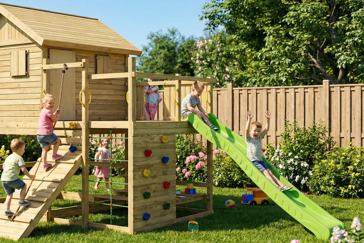 Detailansicht des Fungoo Aloha Spielturms mit Kletterwand und Rutsche.