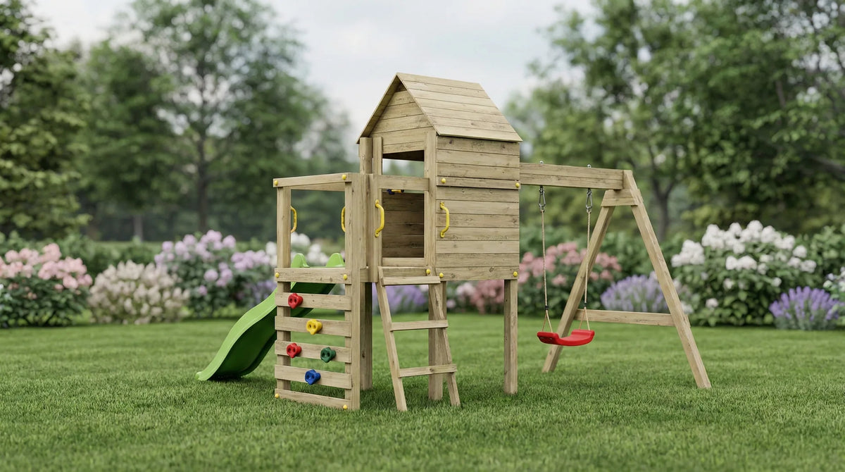 Fungoo Luomi Spielturm mit Schaukel und Rutsche im Garten.