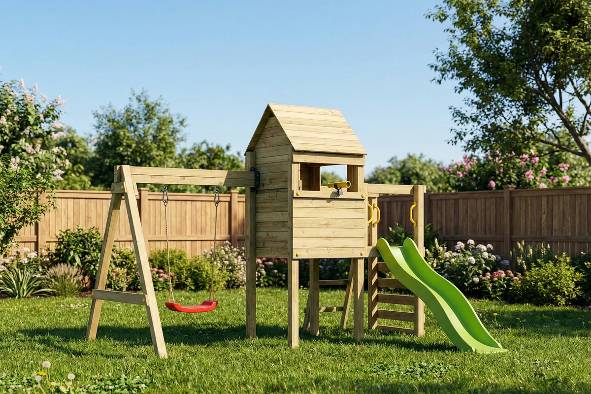 Fungoo Luomi Spielturm aus einer weiteren Gartenperspektive.