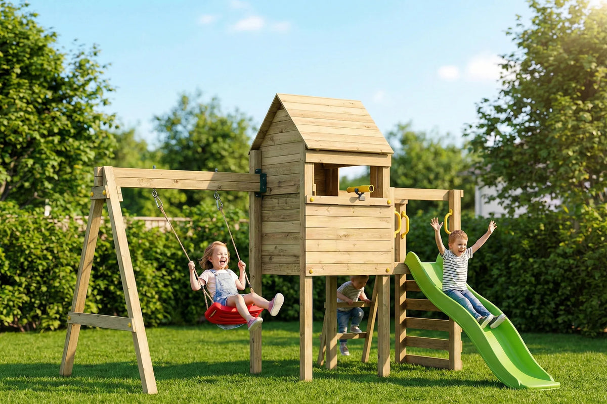 Seitliche Gartenansicht des Fungoo Luomi Spielturms.