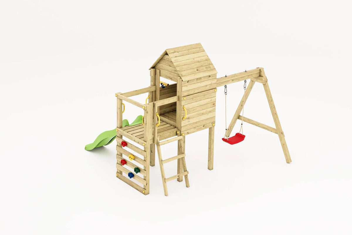 Fungoo Luomi Spielturm mit Kletterwand und Rutsche als Produktansicht.