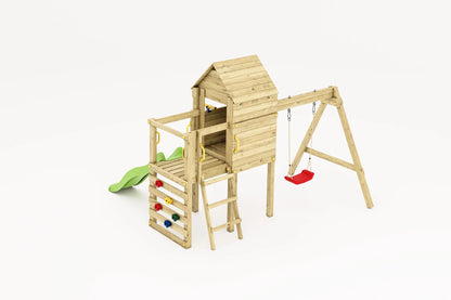 Fungoo Luomi Spielturm mit Kletterwand und Rutsche als Produktansicht.