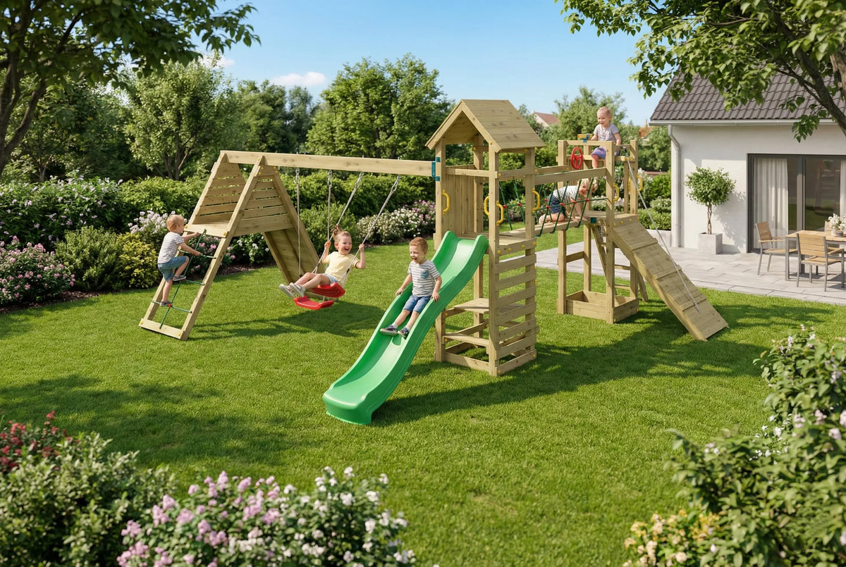 Fungoo Carnival Spielturm mit Rutsche und Schaukel im Garten.