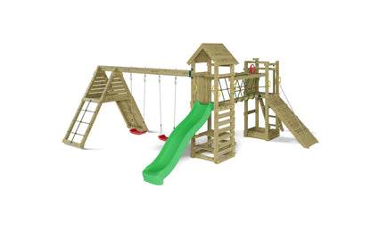 Produktansicht des Fungoo Carnival Spielturms mit Kletterwand und Rutsche.