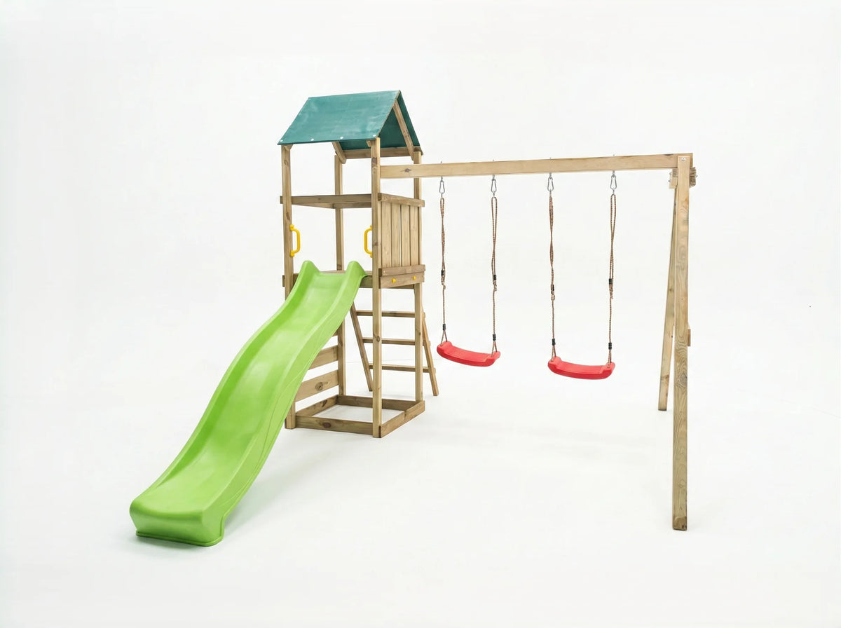 MaxPlay 2.1 Spielturm mit Stoffdach, Schaukel und Rutsche im Garten.