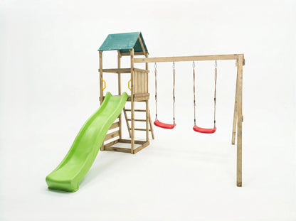 MaxPlay 2.1 Spielturm mit Stoffdach, Schaukel und Rutsche im Garten.