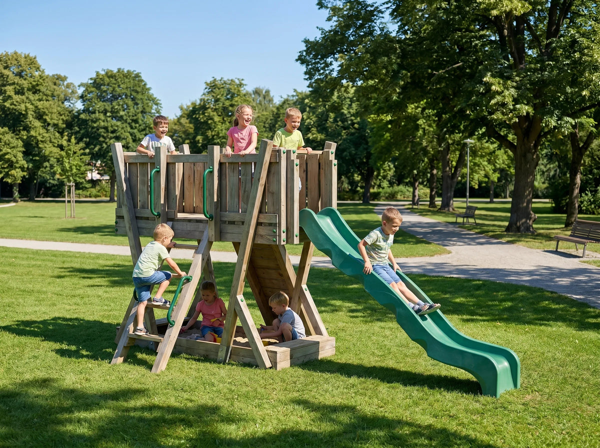 FunForte I – Spielturm mit Rutsche – Produktbild T-10270-P-K-XD_FF_Tower1_KDI_DeepGreen_Slide_0131