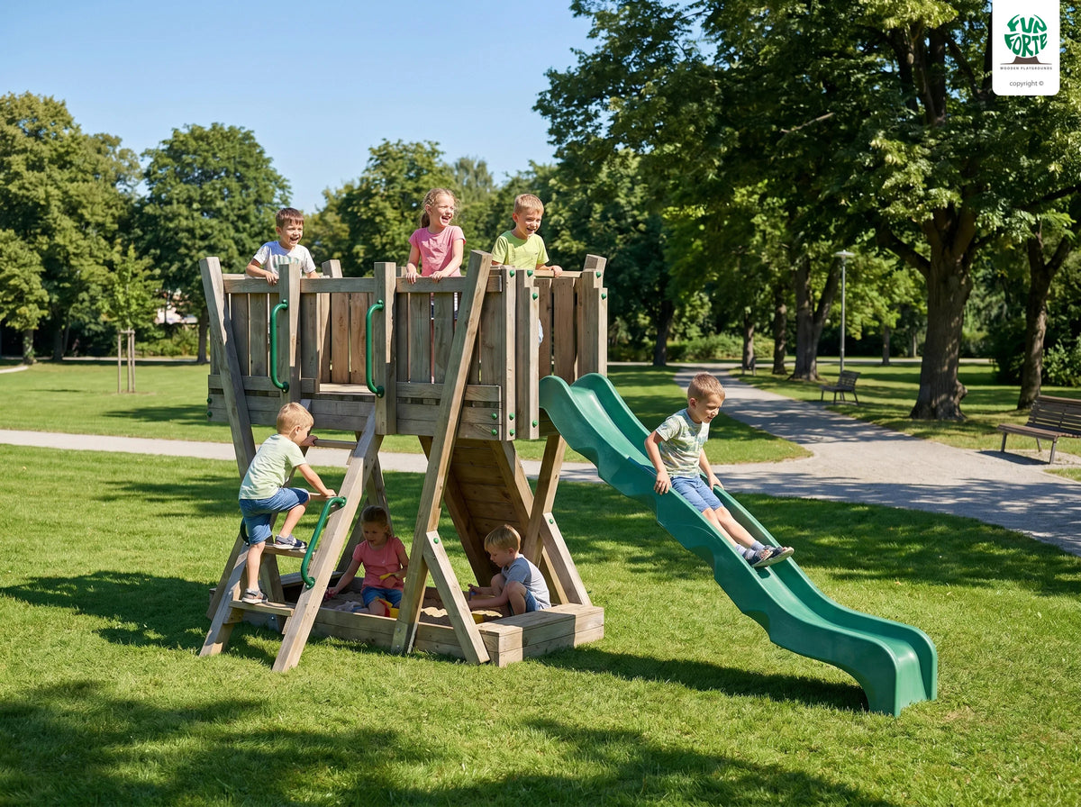 FunForte I – Spielturm mit Rutsche – Produktbild T-10270-P-K-XD_FF_Tower1_KDI_DeepGreen_Slide_0132