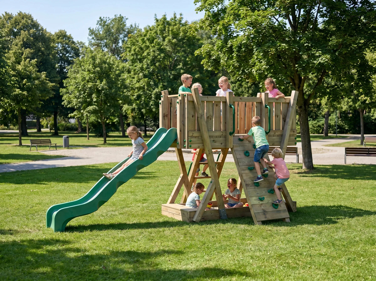 FunForte I – Spielturm mit Rutsche – Produktbild T-10270-P-K-XD_FF_Tower1_KDI_DeepGreen_Slide_0133