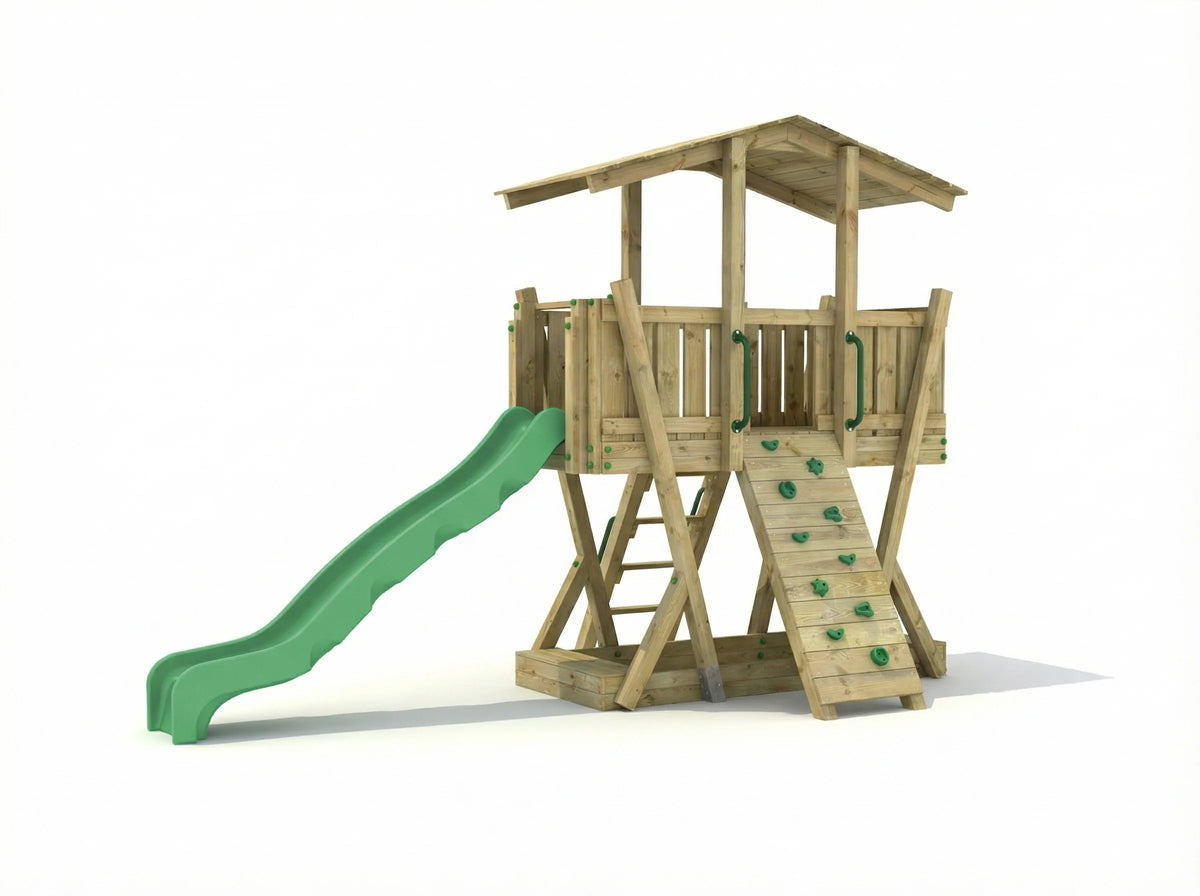 FunForte III – Spielturm mit Dach und Sandkasten – Produktbild T-10280-P-K-XD_FF_Tower3_KDI_DeepGreen_Slide_0_05