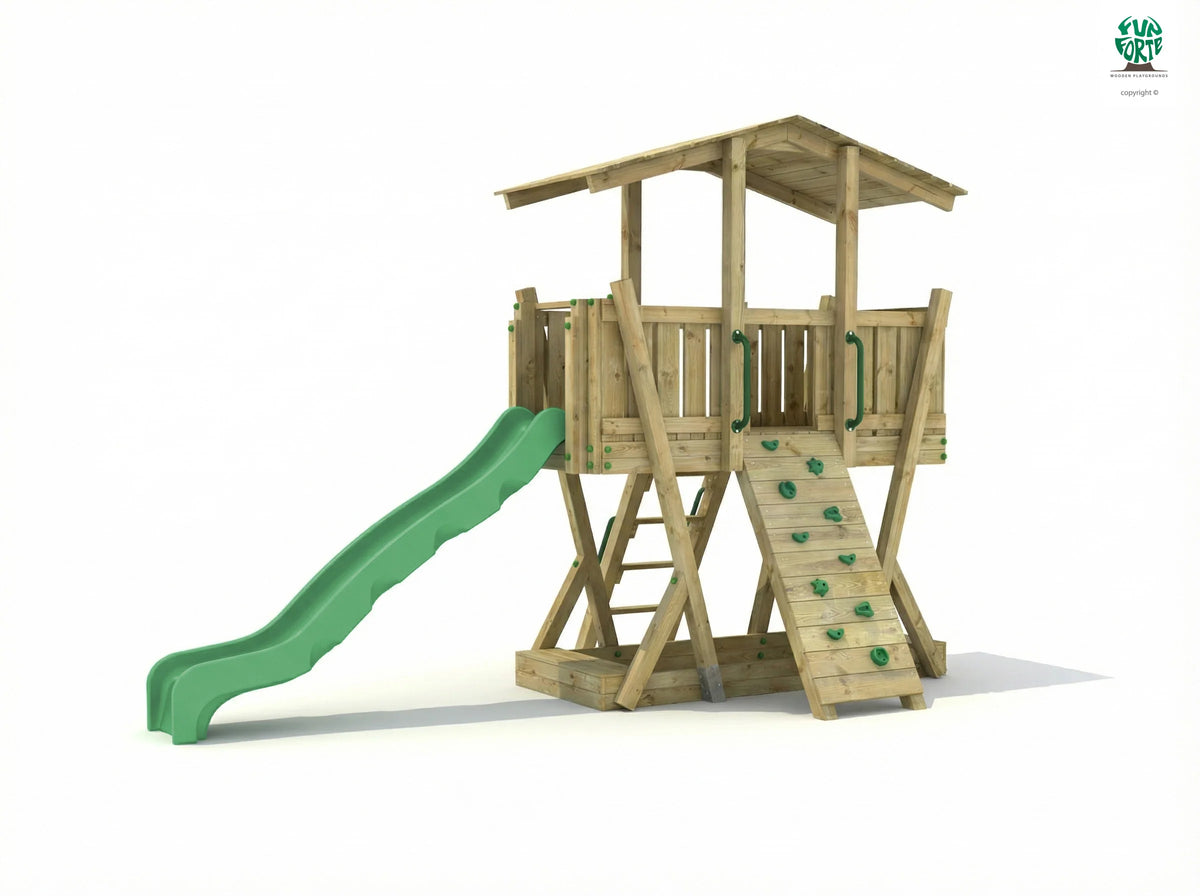 FunForte III – Spielturm mit Dach und Sandkasten – Produktbild T-10280-P-K-XD_FF_Tower3_KDI_DeepGreen_Slide_0_06