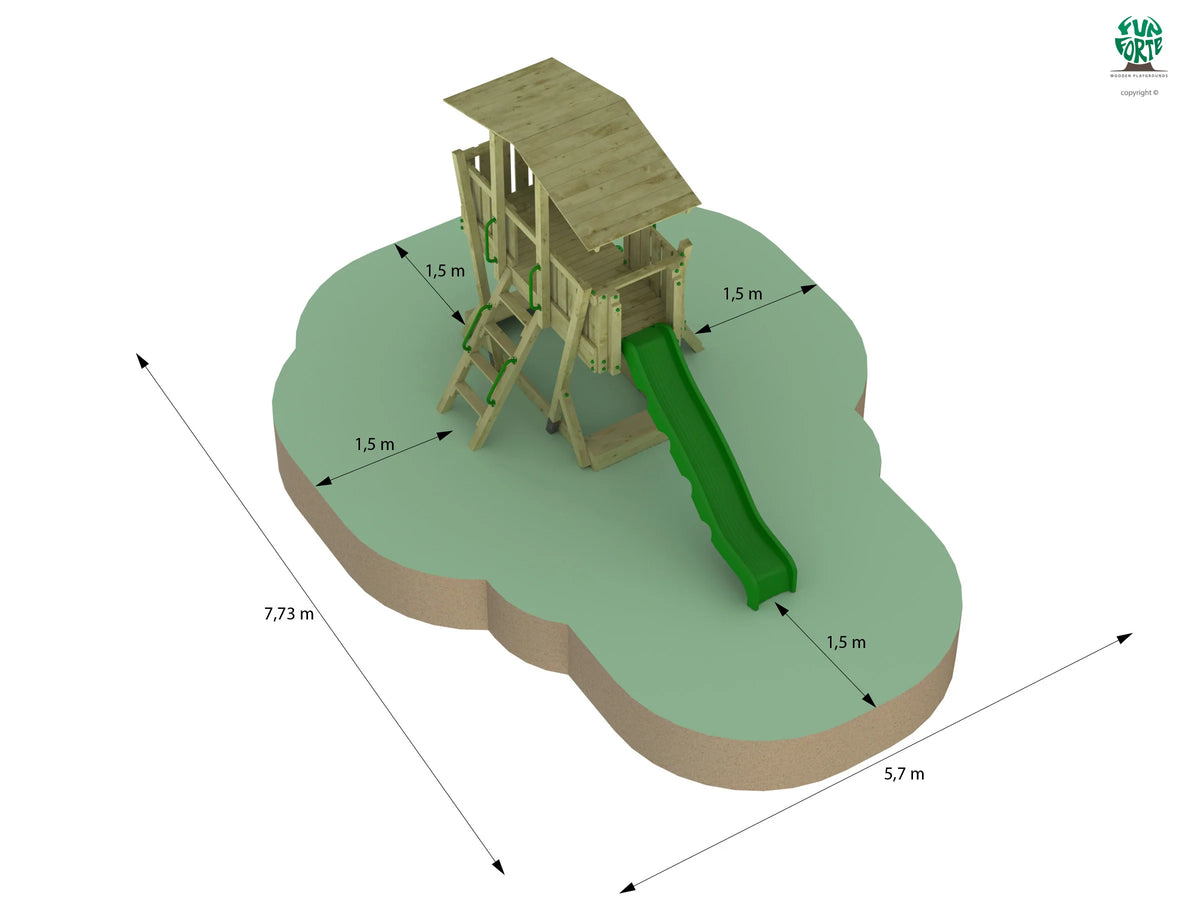 FunForte III – Spielturm mit Dach und Sandkasten – Produktbild T-10280-P-K-XD_FF_Tower3_KDI_DeepGreen_Slide_0_33