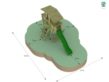 FunForte III – Spielturm mit Dach und Sandkasten – Produktbild T-10280-P-K-XD_FF_Tower3_KDI_DeepGreen_Slide_0_33