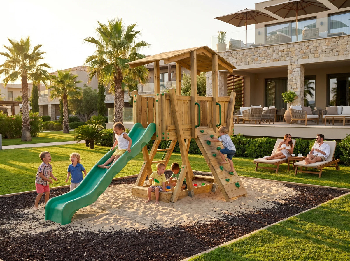 FunForte III – Spielturm mit Dach und Sandkasten – Produktbild T-10280-P-K-XD_FF_Tower3_KDI_DeepGreen_Slide_0_34
