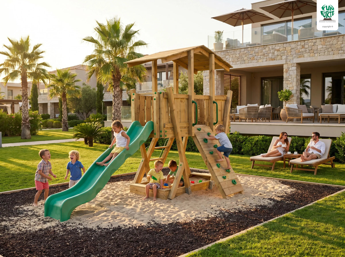 FunForte III – Spielturm mit Dach und Sandkasten – Produktbild T-10280-P-K-XD_FF_Tower3_KDI_DeepGreen_Slide_0_35