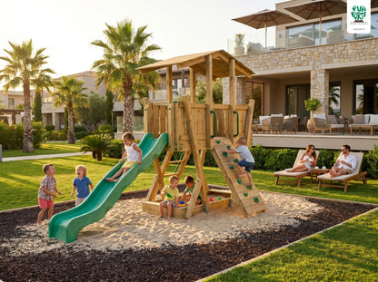 FunForte III – Spielturm mit Dach und Sandkasten – Produktbild T-10280-P-K-XD_FF_Tower3_KDI_DeepGreen_Slide_0_35