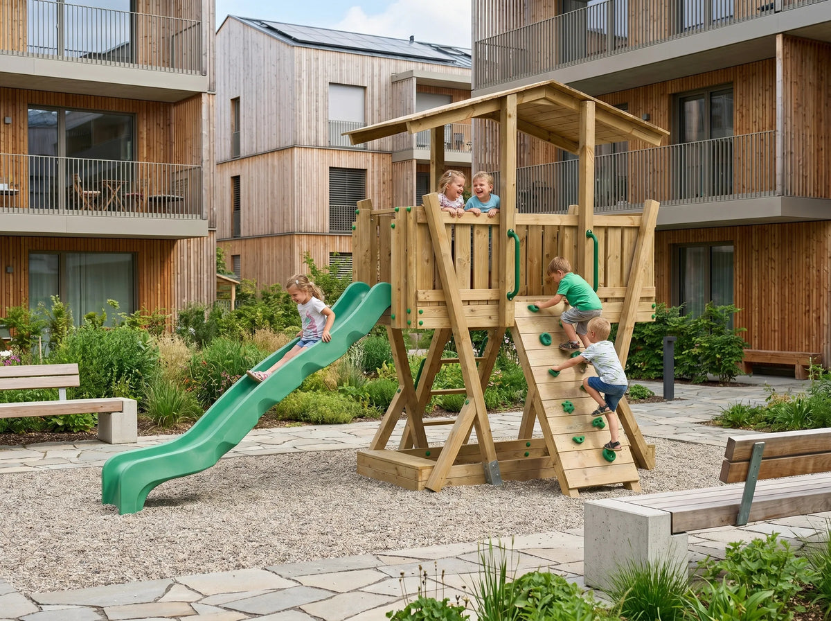 FunForte III – Spielturm mit Dach und Sandkasten – Produktbild T-10280-P-K-XD_FF_Tower3_KDI_DeepGreen_Slide_0_38