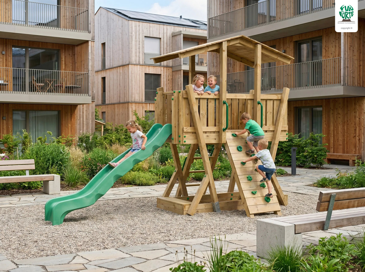 FunForte III – Spielturm mit Dach und Sandkasten – Produktbild T-10280-P-K-XD_FF_Tower3_KDI_DeepGreen_Slide_0_39