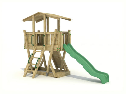 FunForte III – Spielturm mit Dach und Sandkasten – Produktbild T-10280-P-K-XD_FF_Tower3_KDI_DeepGreen_Slide_0_40