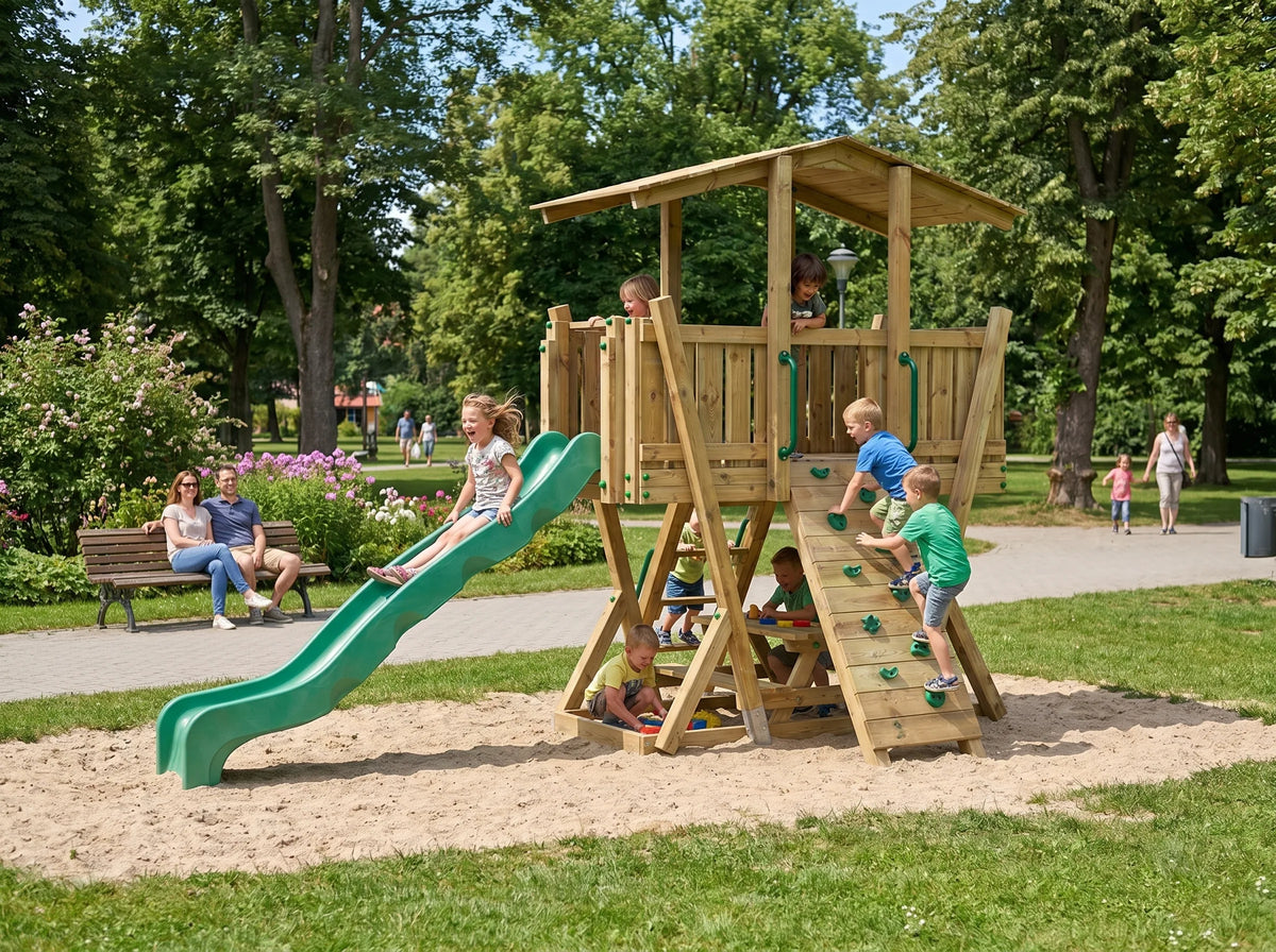 FunForte IV – Spielturm mit Dach und Picknicktisch – Produktbild T-10285-P-K-XD_FF_Tower4_KDI_DeepGreen_Slide_0_09