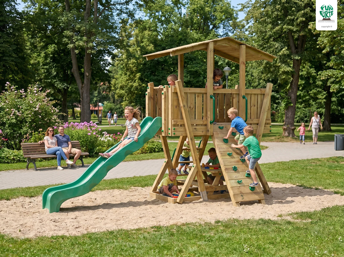 FunForte IV – Spielturm mit Dach und Picknicktisch – Produktbild T-10285-P-K-XD_FF_Tower4_KDI_DeepGreen_Slide_0_10