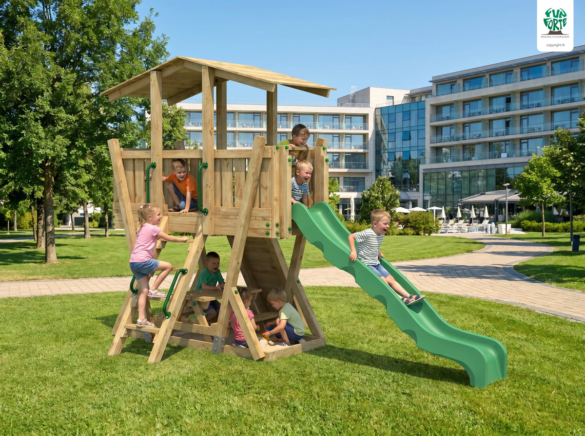 FunForte IV – Spielturm mit Dach und Picknicktisch – Produktbild T-10285-P-K-XD_FF_Tower4_KDI_DeepGreen_Slide_0_12