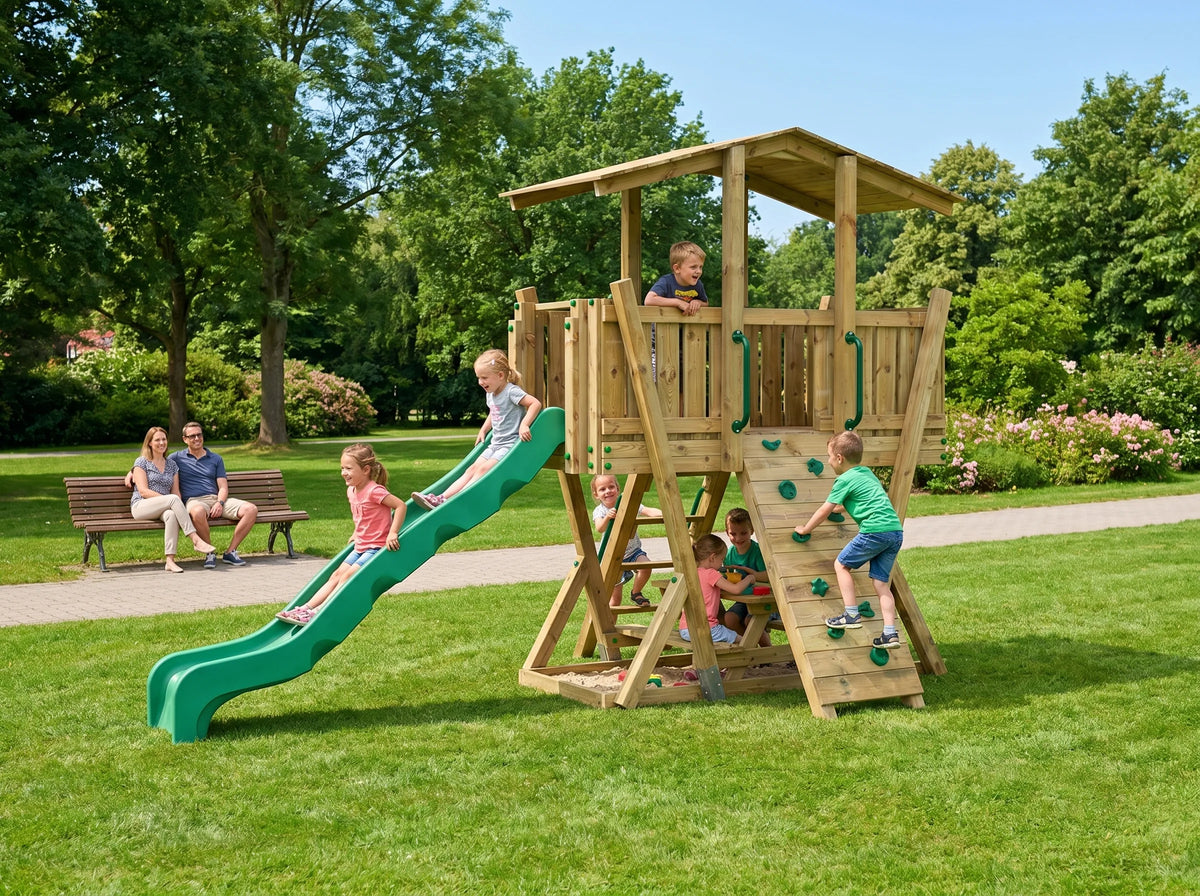 FunForte IV – Spielturm mit Dach und Picknicktisch – Produktbild T-10285-P-K-XD_FF_Tower4_KDI_DeepGreen_Slide_0_13