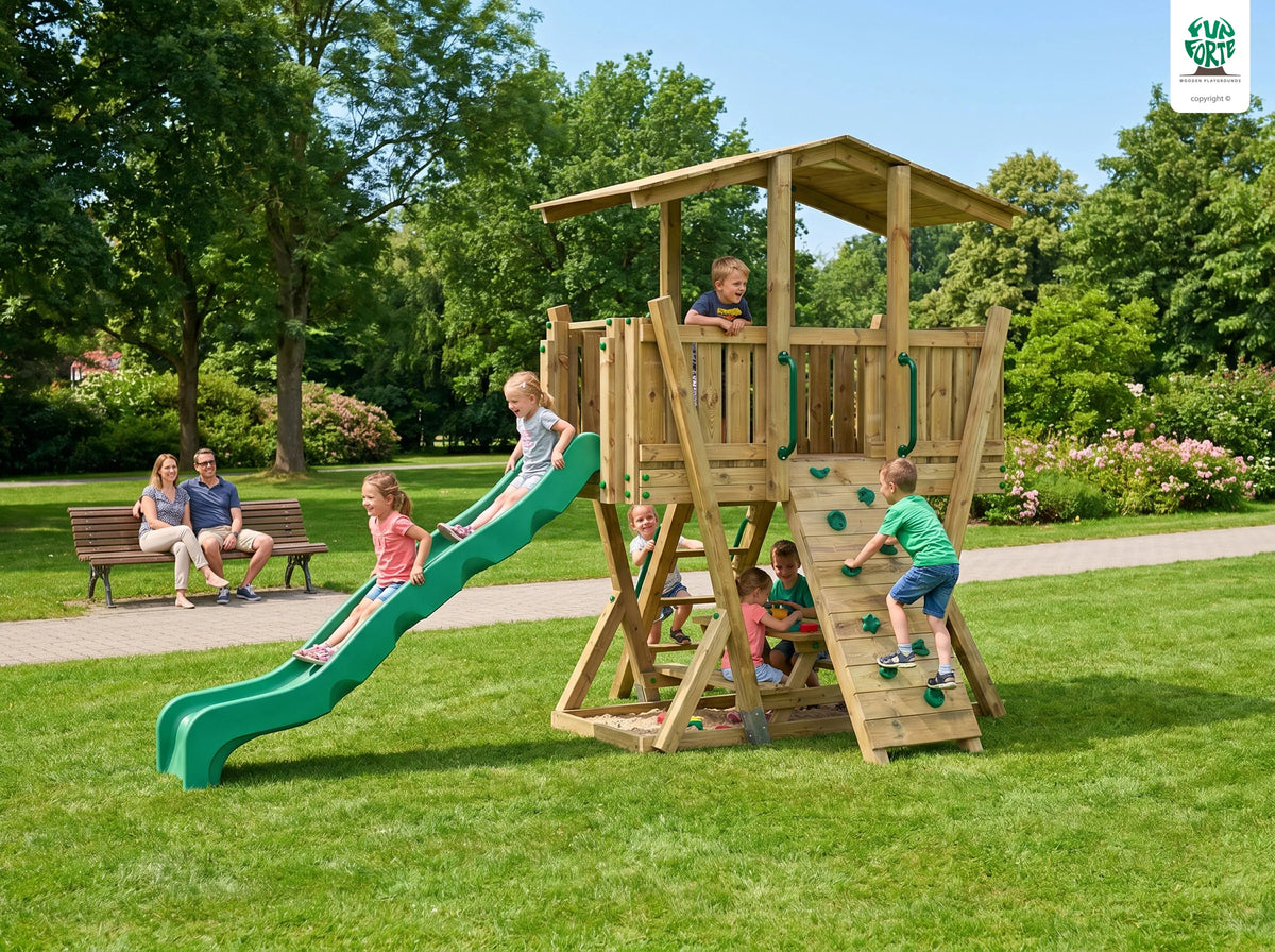 FunForte IV – Spielturm mit Dach und Picknicktisch – Produktbild T-10285-P-K-XD_FF_Tower4_KDI_DeepGreen_Slide_0_14