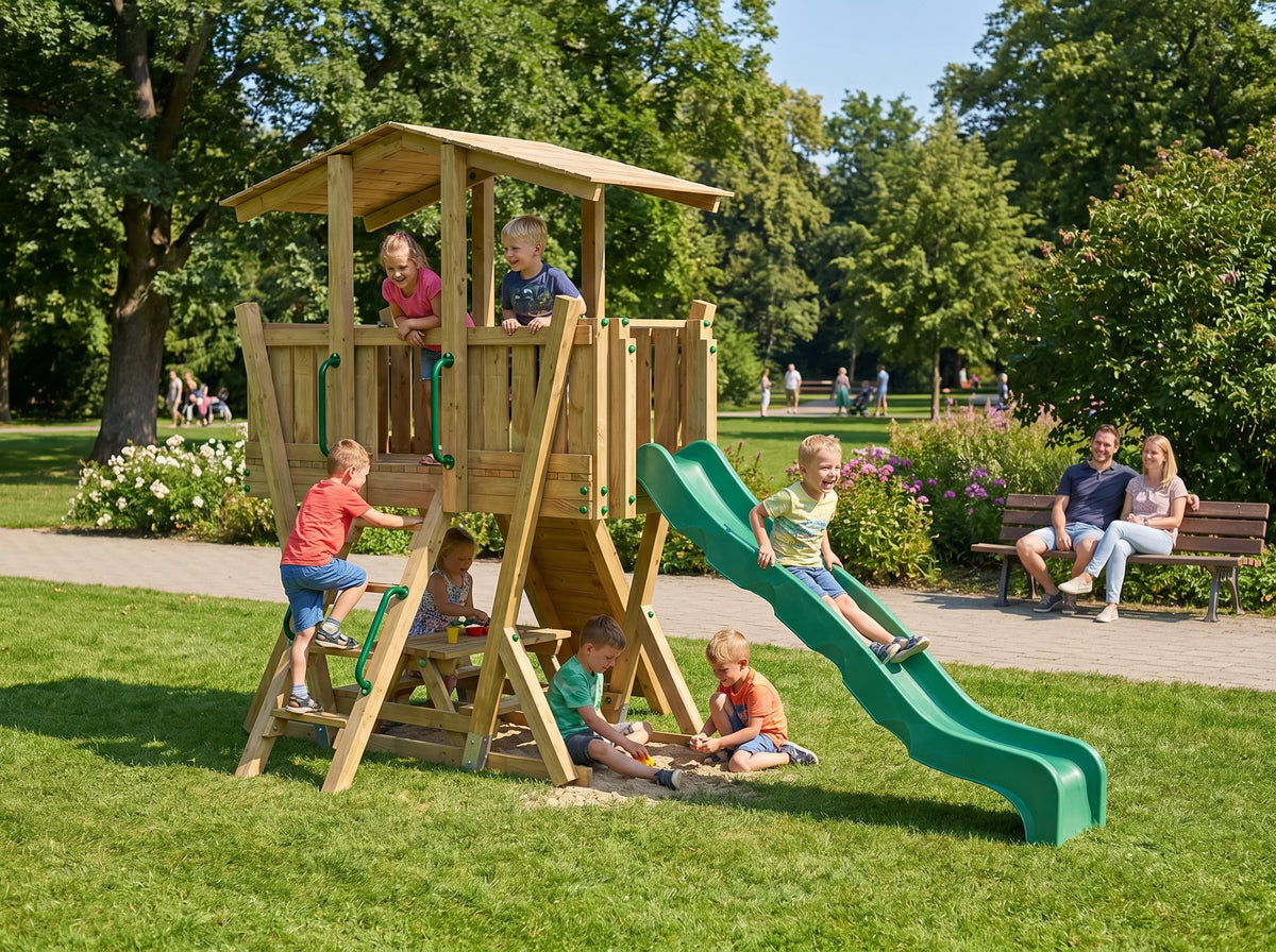 FunForte IV – Spielturm mit Dach und Picknicktisch – Produktbild T-10285-P-K-XD_FF_Tower4_KDI_DeepGreen_Slide_0_15