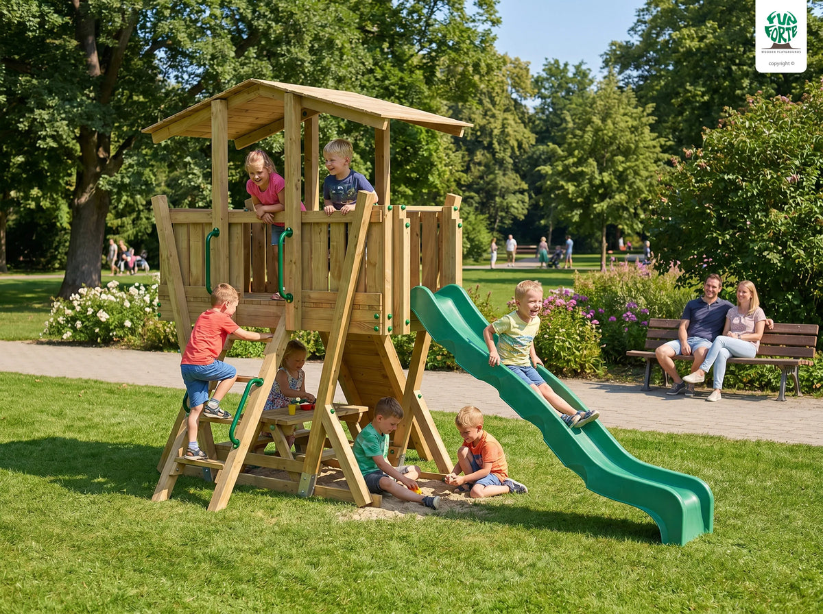 FunForte IV – Spielturm mit Dach und Picknicktisch – Produktbild T-10285-P-K-XD_FF_Tower4_KDI_DeepGreen_Slide_0_16
