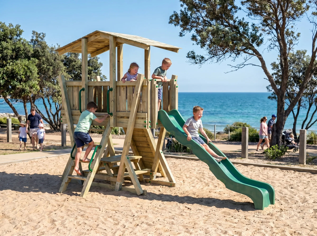 FunForte IV – Spielturm mit Dach und Picknicktisch – Produktbild T-10285-P-K-XD_FF_Tower4_KDI_DeepGreen_Slide_0_17