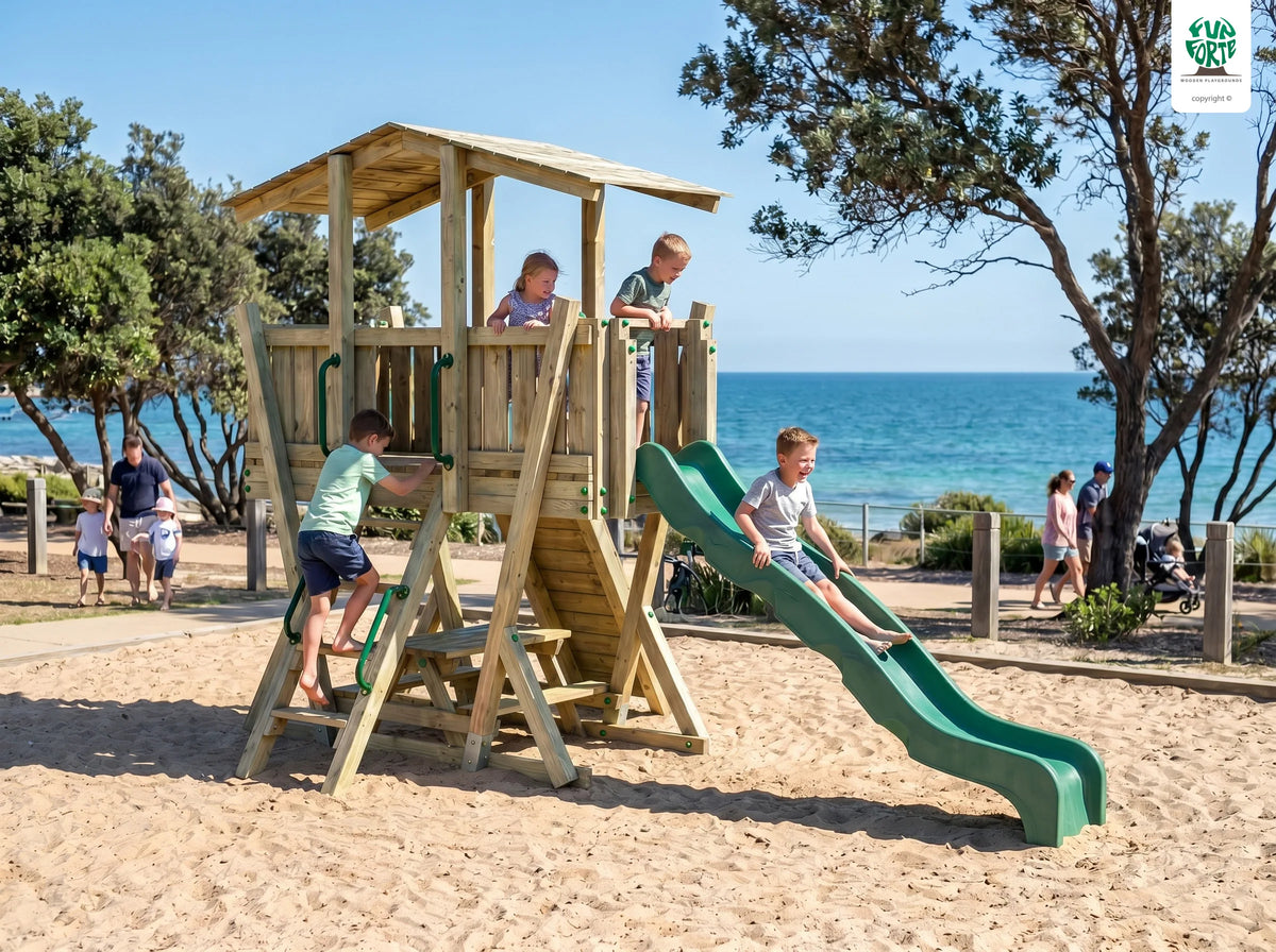 FunForte IV – Spielturm mit Dach und Picknicktisch – Produktbild T-10285-P-K-XD_FF_Tower4_KDI_DeepGreen_Slide_0_18