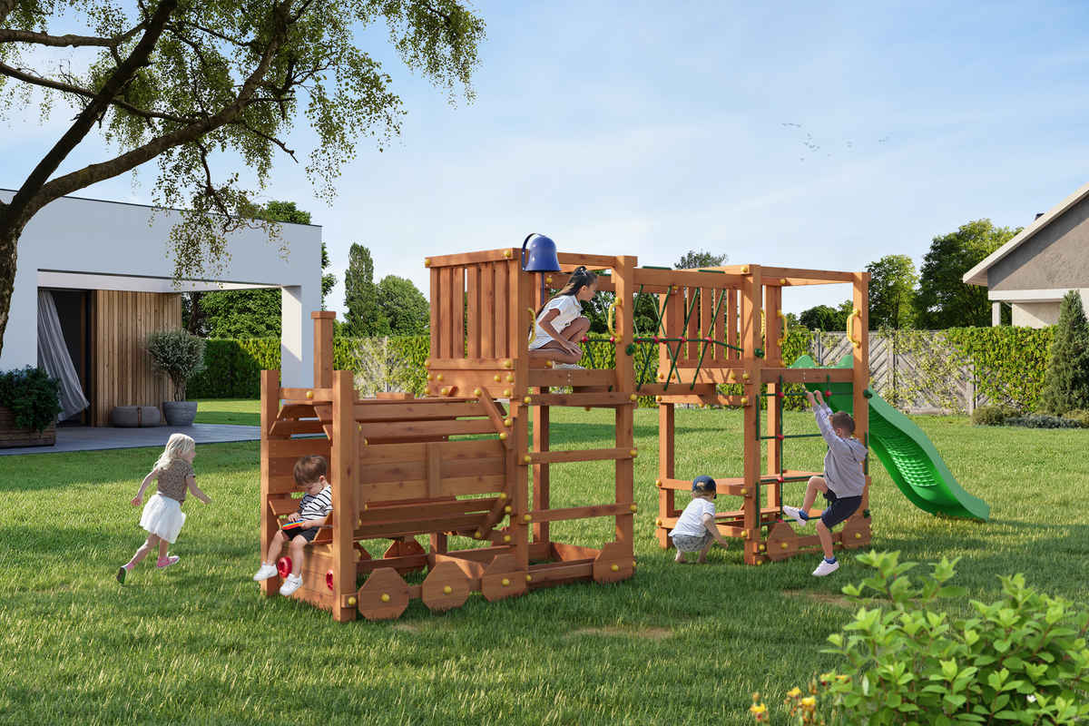 Fungoo Loco Express im Garten mit spielenden Kindern