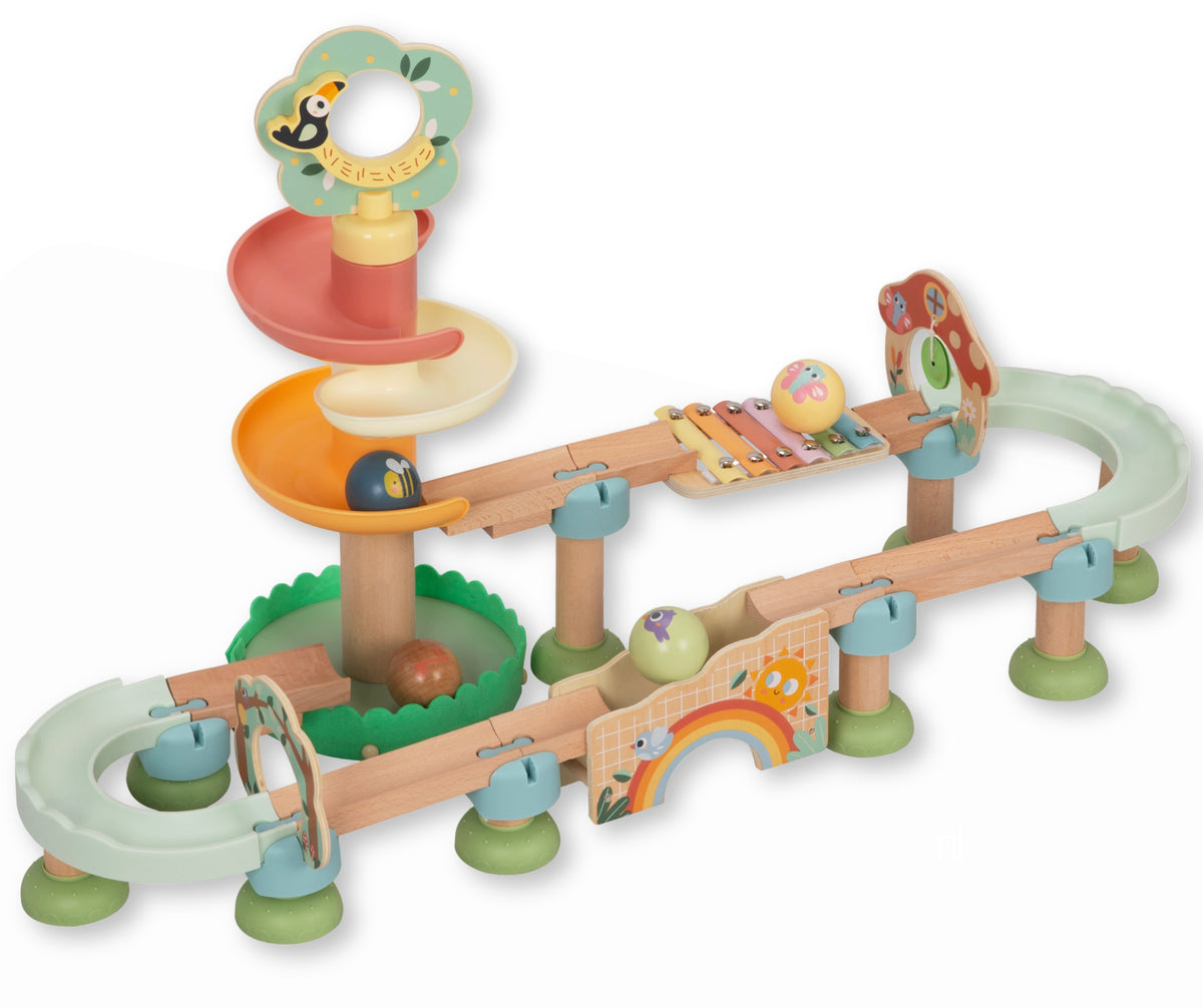 Construct4Kids Klang-Kugelbahn aus Holz mit Xylophon, Klingel und vier großen Kugeln