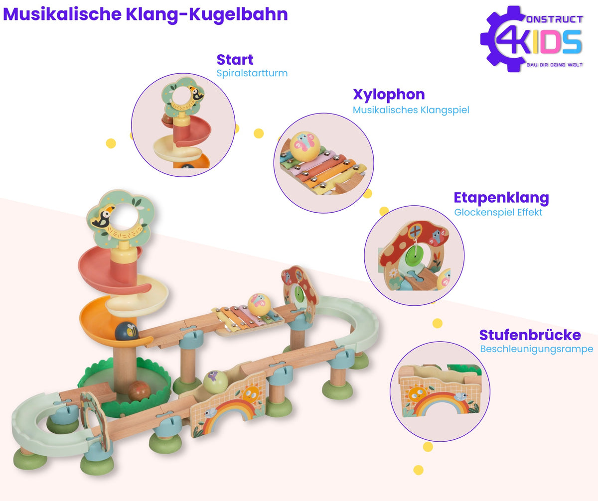 Construct4Kids Klang-Kugelbahn mit Spiralstartturm, Xylophon, Glockenspiel und Stufenbrücke