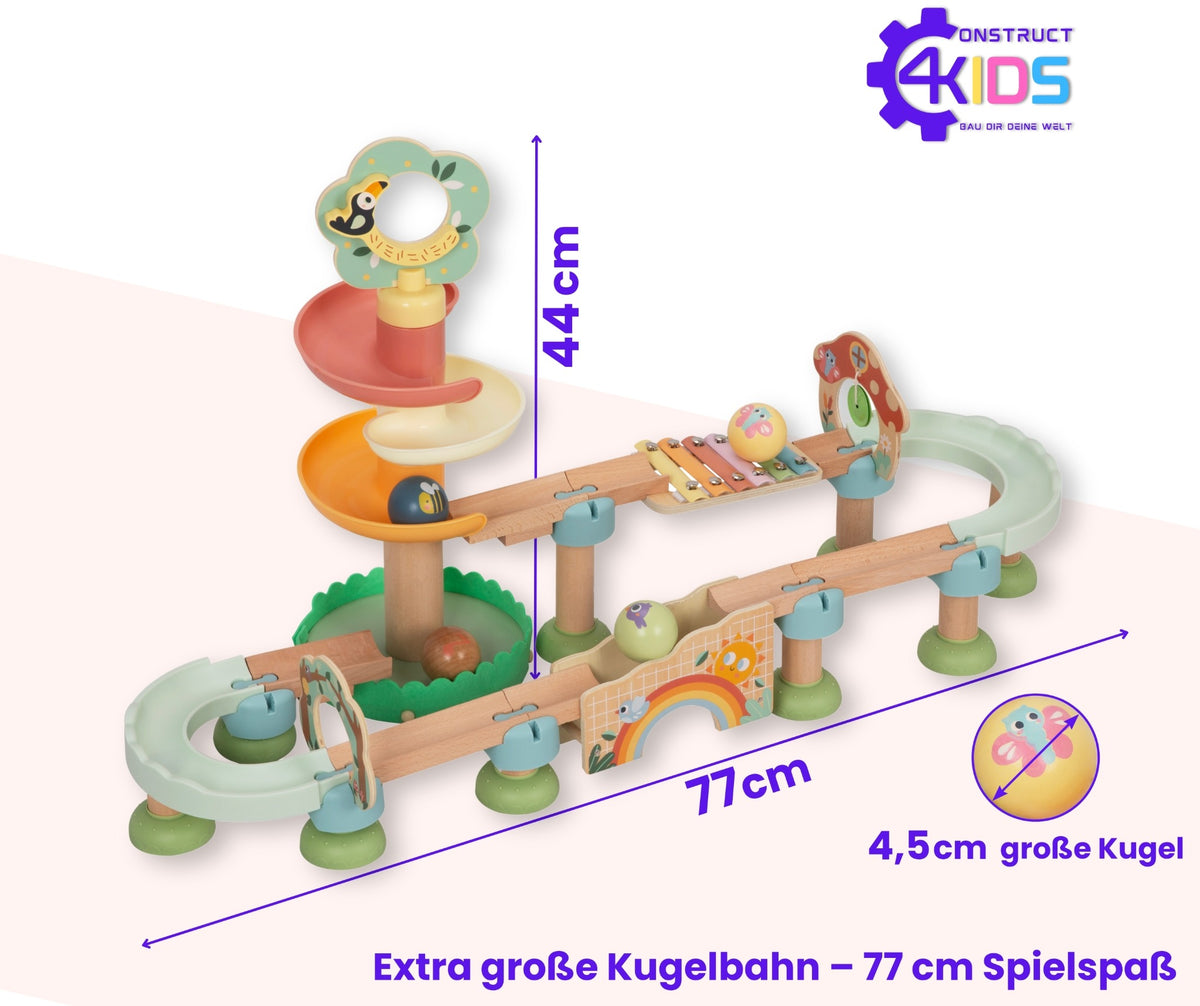 Maße der Construct4Kids Klang-Kugelbahn: 77 cm lang, 44 cm hoch und Kugeln mit 4,5 cm Durchmesser