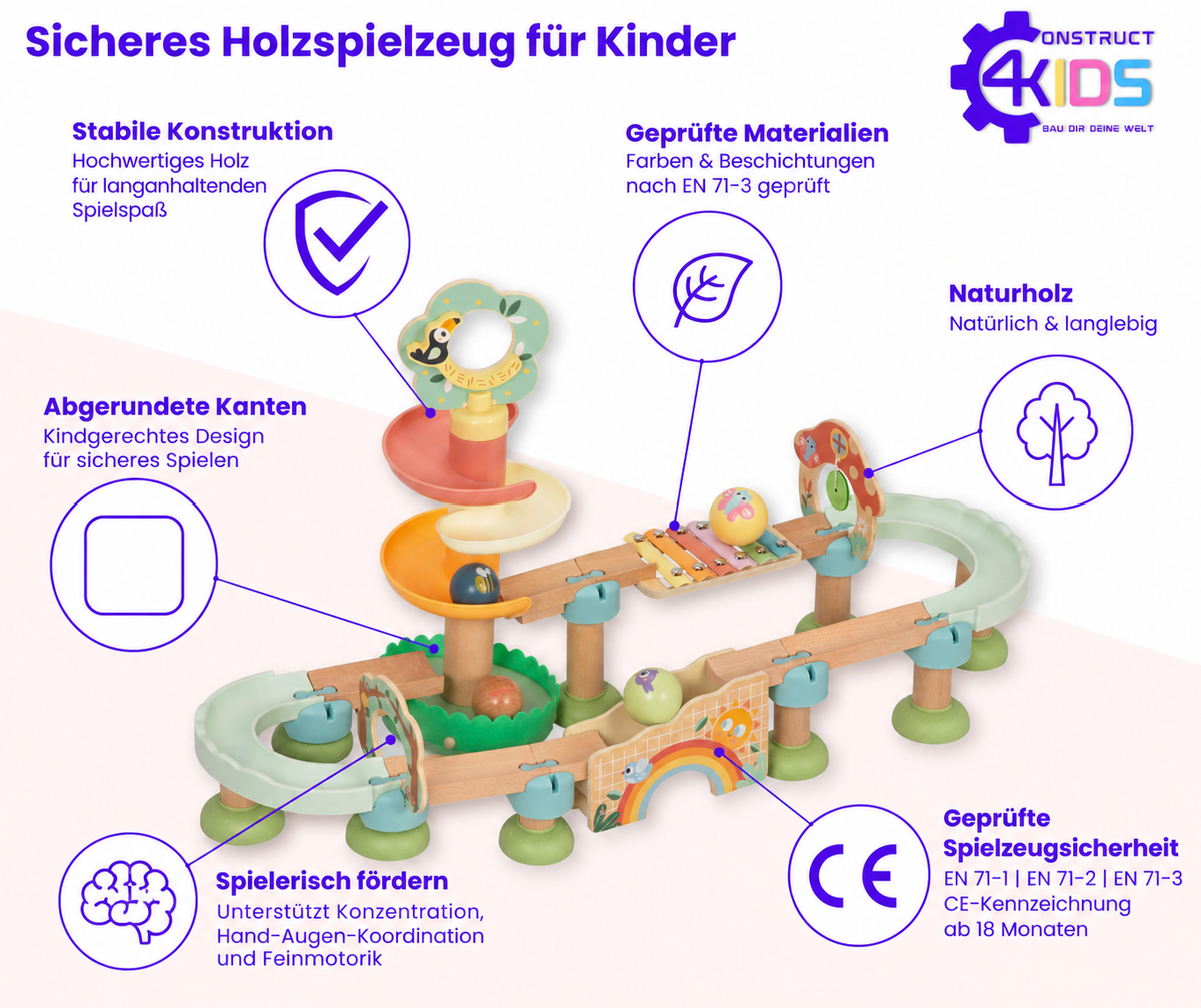 Construct4Kids Klang-Kugelbahn – geprüfte Spielzeugsicherheit, EN 71-1, EN 71-2 und EN 71-3, CE, ab 18 Monaten