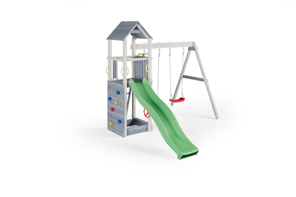 Fungoo Flappi Spielturm mit Doppelschaukel und grüner Rutsche – Grau-Weiß – weitere Produktansicht