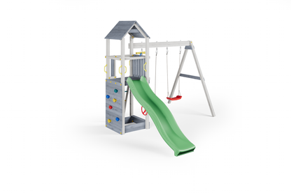 Fungoo Flappi Spielturm mit Doppelschaukel und grüner Rutsche – Grau-Weiß – weitere Produktansicht